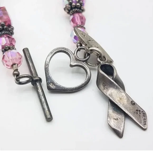 925 Breast Cancer 25 grams Awareness Pink Glass Beads Toggle Bracelet Vintage - Picture 3 of 6